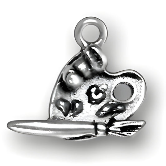 Charm Factory Painter's Palette and Brush Charm, made of silver, featuring detailed paint spots and a brush.