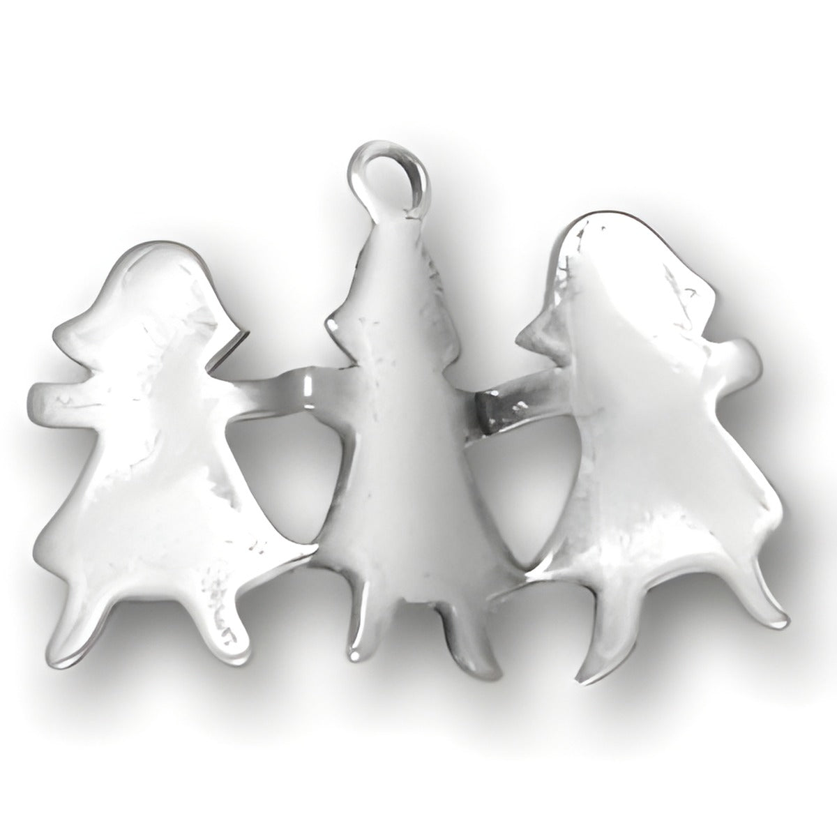 Charm Factory Paper Doll Cutout Charm made of shiny silver metal featuring three interconnected doll figures.
