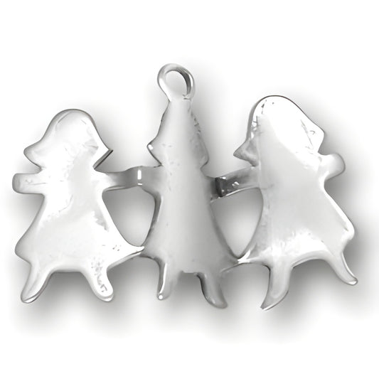 Charm Factory Paper Doll Cutout Charm made of shiny silver metal featuring three interconnected doll figures.