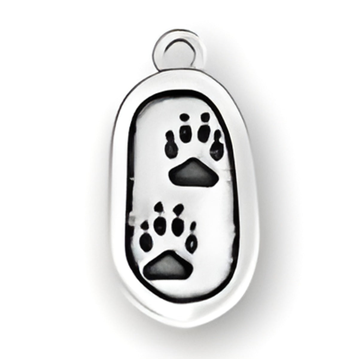 Paws Charm by Charm Factory, made of silver, features two paw prints on an oval pendant.