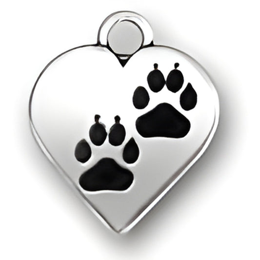 Charm Factory Paws on Heart Charm, made of silver with black paw prints on a heart-shaped design.