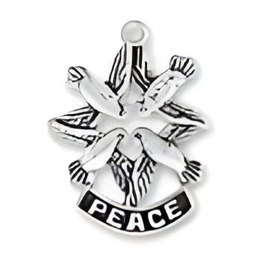 Sterling silver charm featuring doves and a banner that reads 'PEACE', symbolizing harmony and tranquility.