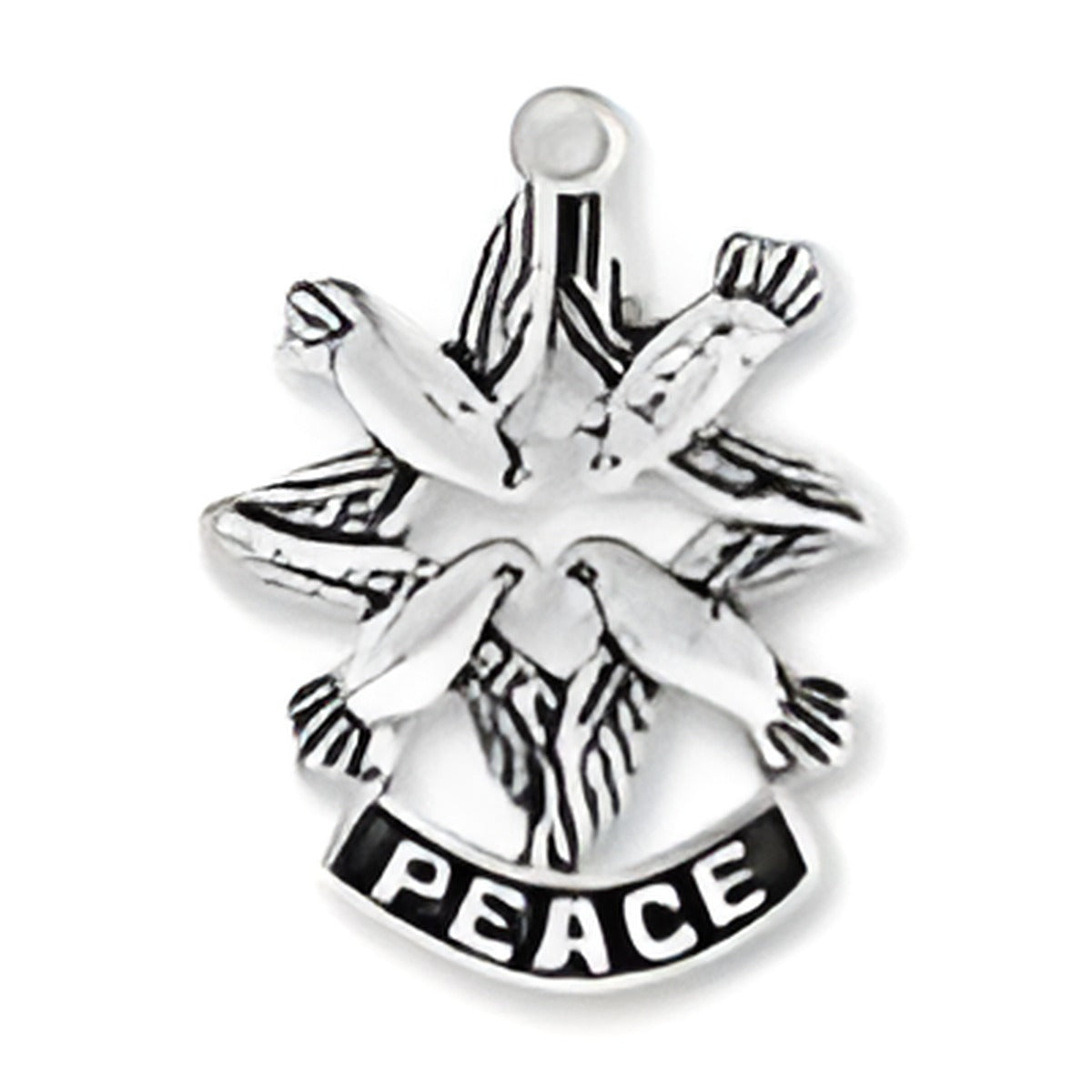 Sterling silver charm featuring doves and a banner that reads 'PEACE', symbolizing harmony and tranquility. Alt view.