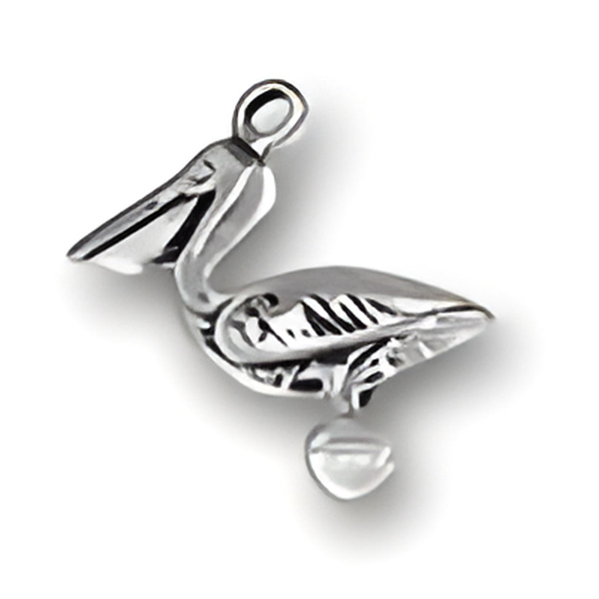 Pelican Charm made of sterling silver, featuring detailed design with a hanging bead below its beak. Alt view.