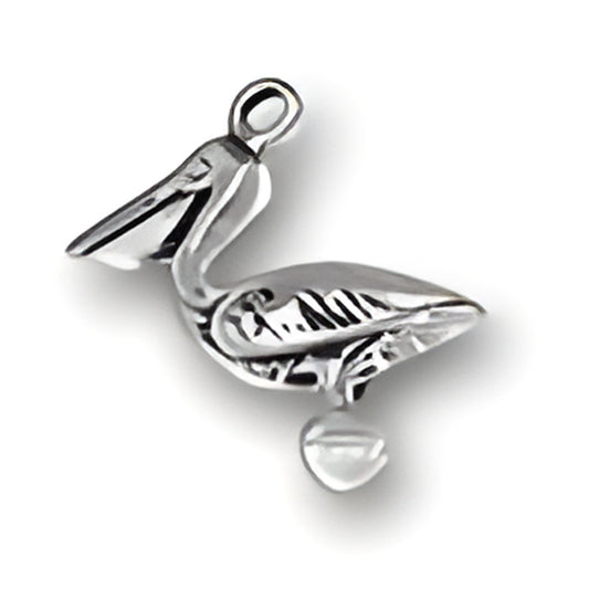 Pelican Charm made of sterling silver, featuring detailed design with a hanging bead below its beak. Alt view.