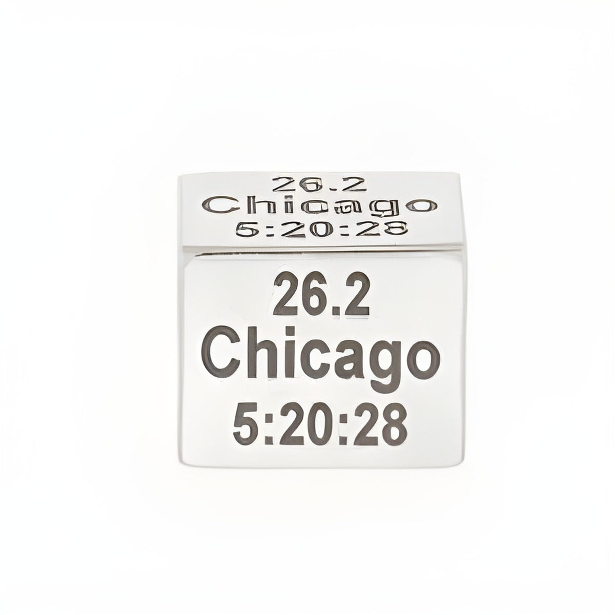 Personalized Rectangle Runner Bead by Charm Factory, made of silver, engraved with '26.2 Chicago 5:20:28'.