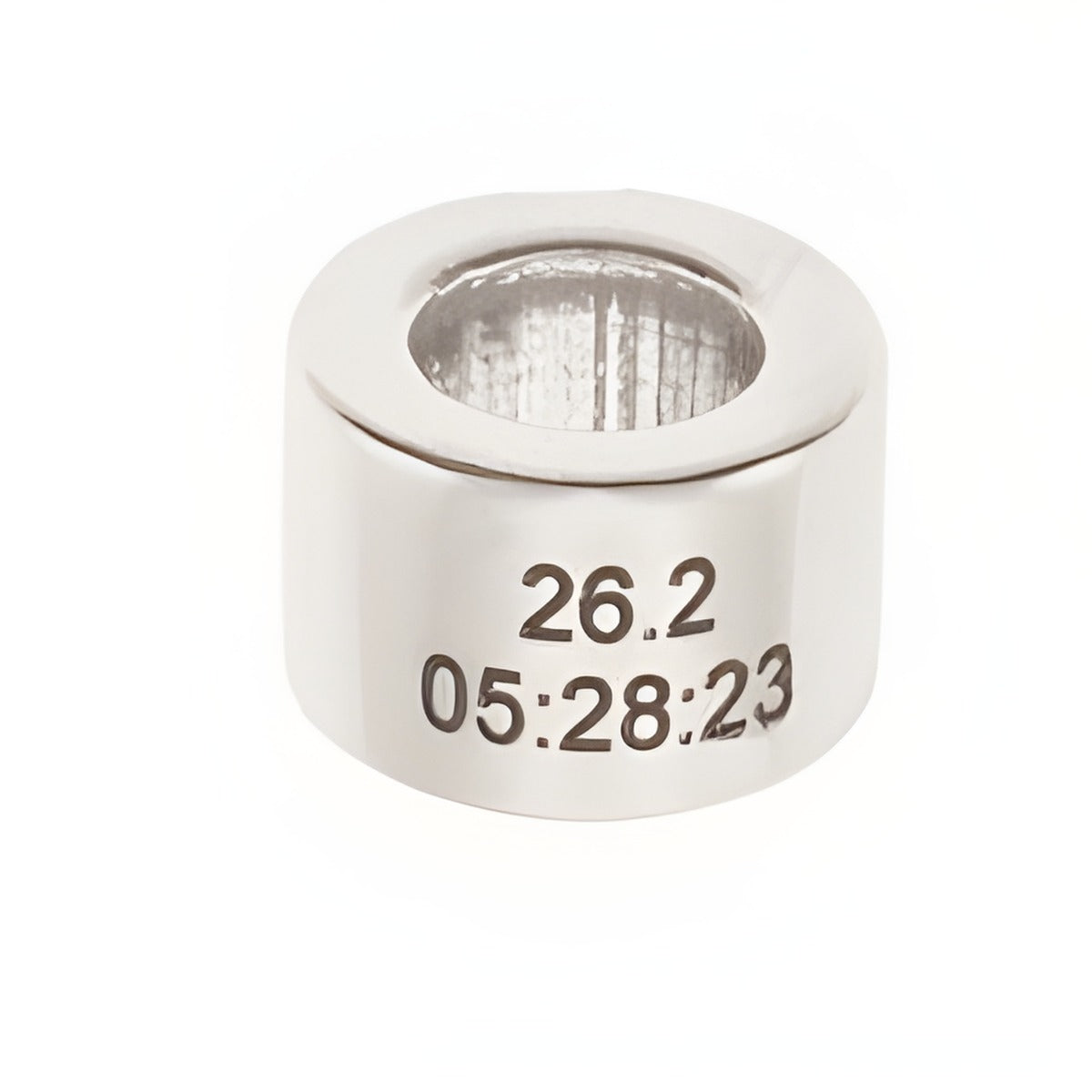 Personalized Round Runner Bead by Charm Factory, made of silver, engraved with '26.2' and '05:28:23'.