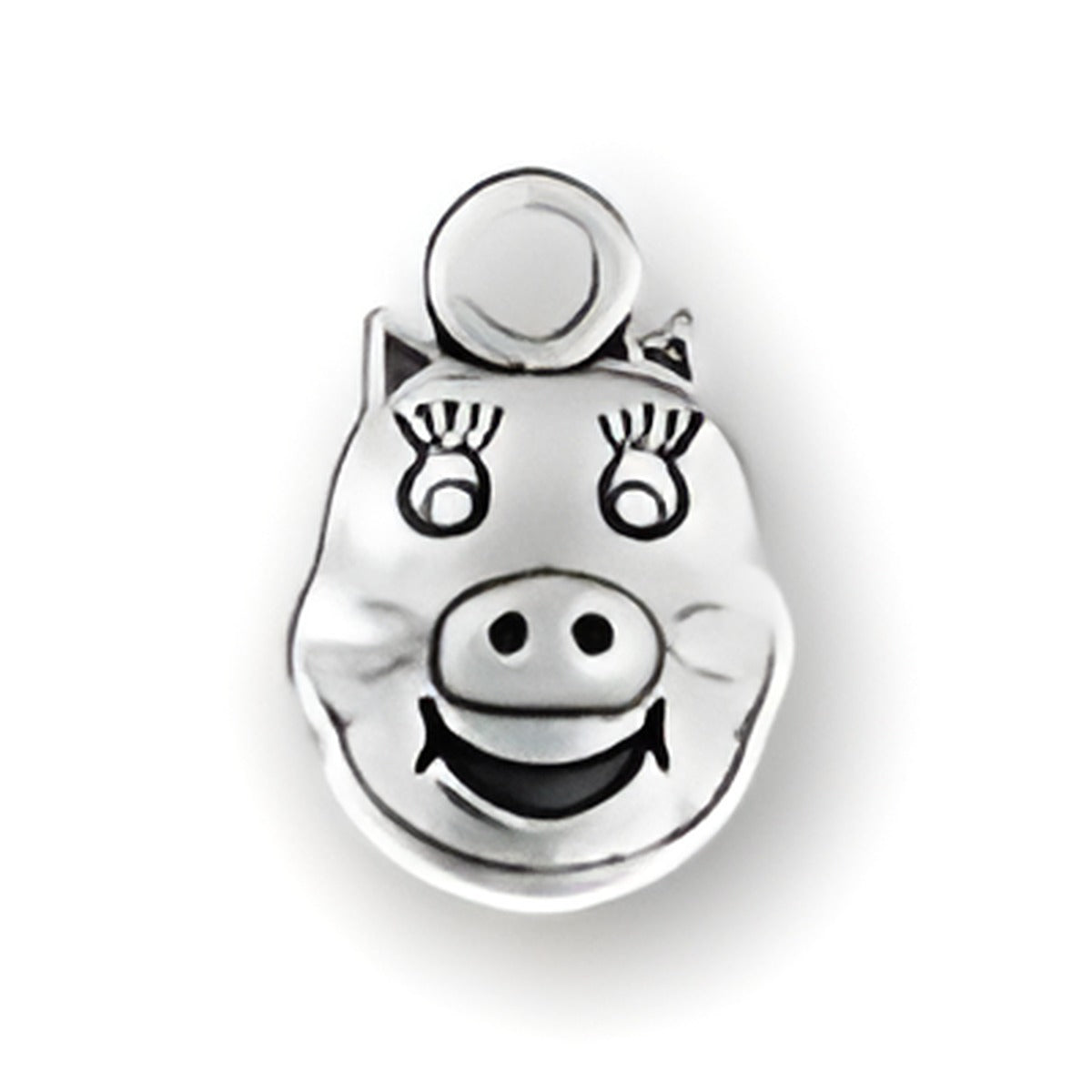 Charm Factory Pig Face Charm made of silver, featuring a smiling pig face with eyelashes and a round loop for attachment.