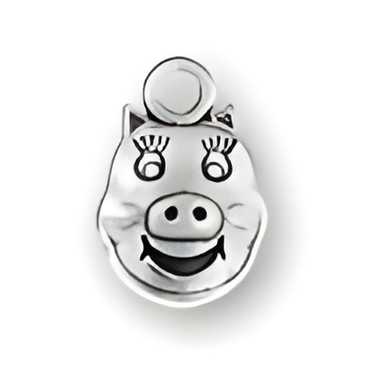 Charm Factory Pig Face Charm made of silver, featuring a smiling pig face with eyelashes and a round loop for attachment.