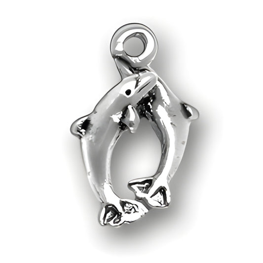 Playful Dolphins Charm by Charm Factory, made of polished silver, featuring two dolphins in a playful pose.