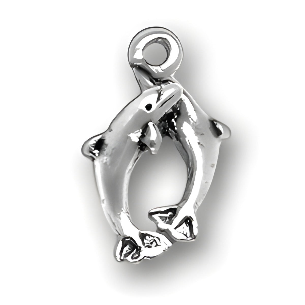 Playful Dolphins Charm by Charm Factory, made of polished silver, featuring two dolphins in a playful pose.