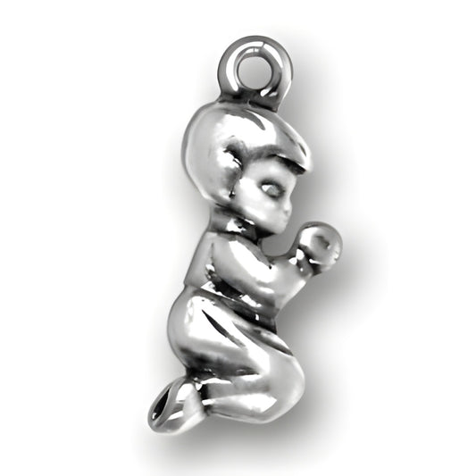 Praying Boy Charm, sterling silver, features a kneeling boy with hands clasped in prayer.