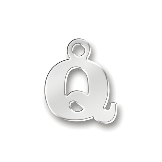 Sterling silver charm in the shape of the letter Q, featuring a polished finish and a loop for attachment.