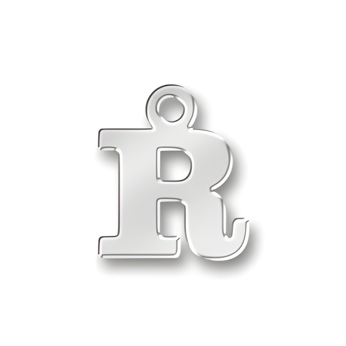 Sterling silver charm featuring the letter 'R' with a loop for attachment, showcasing a polished finish.