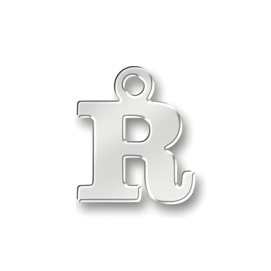 Sterling silver charm featuring the letter 'R' with a loop for attachment, showcasing a polished finish.
