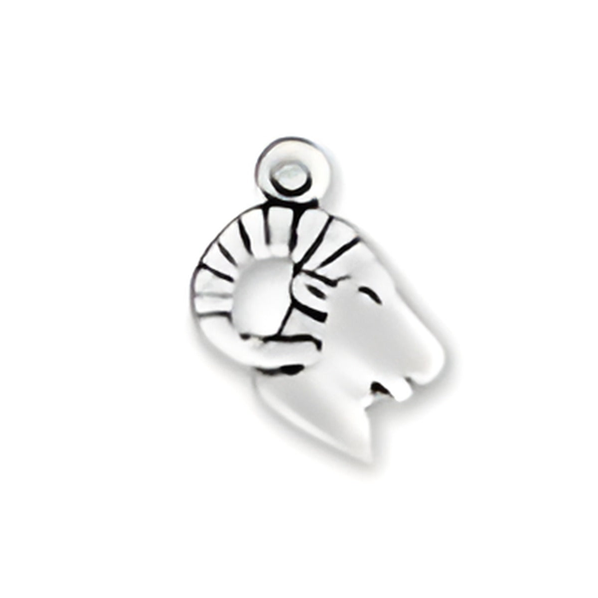 Charm Factory Ram Head Charm made of silver, featuring detailed horns and facial features, ideal for jewelry making.