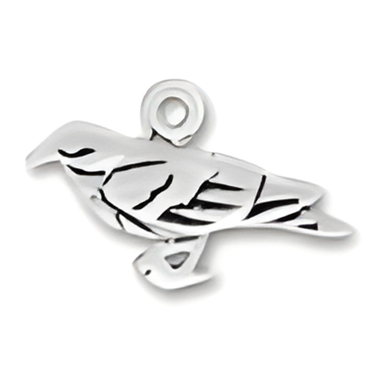 Raven Charm in sterling silver — alternate gallery view showing the raven's side profile and loop attachment.