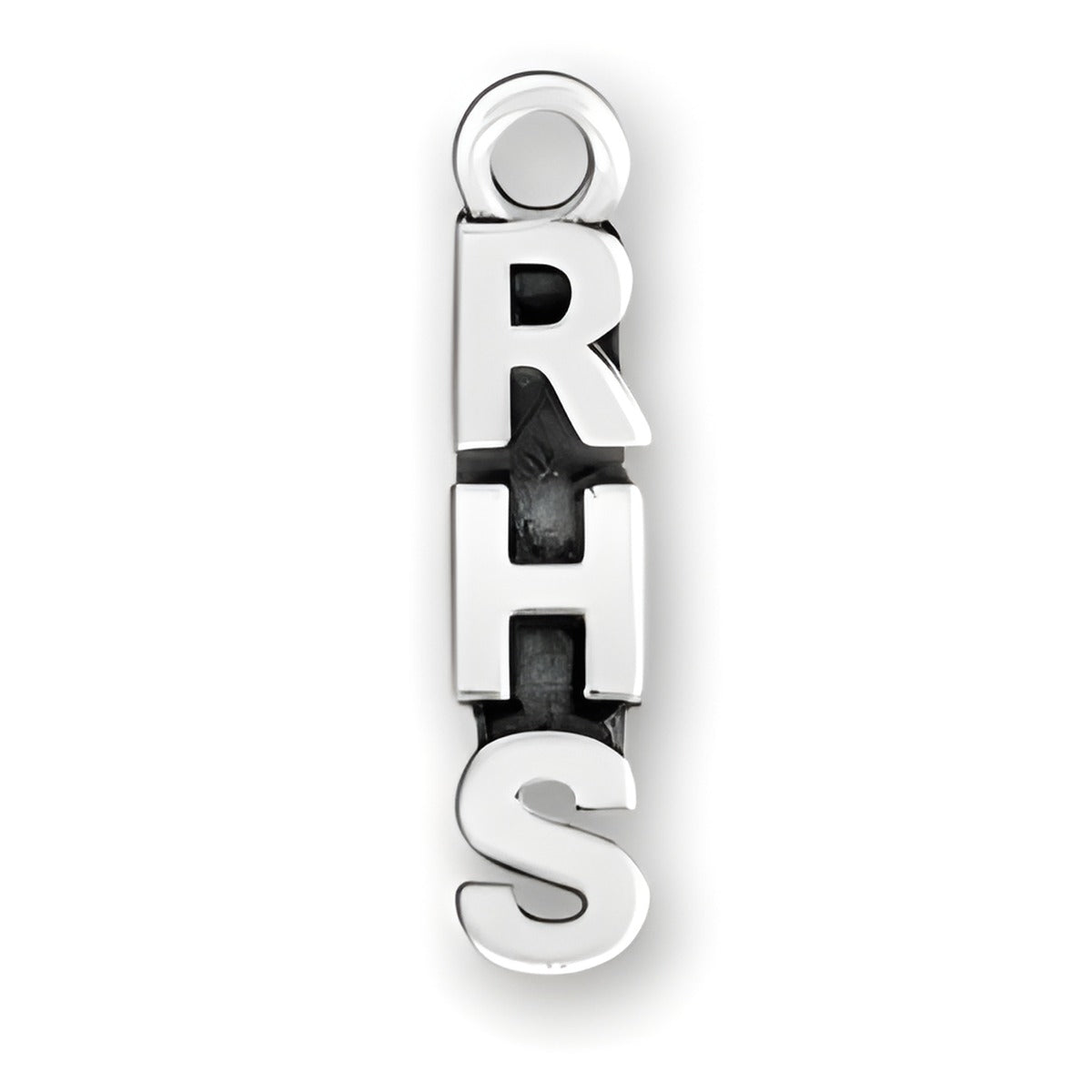 RHS charm made of sterling silver, featuring bold, raised letters R, H, and S in a vertical arrangement.