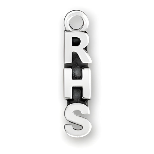RHS charm made of sterling silver, featuring bold, raised letters R, H, and S in a vertical arrangement.