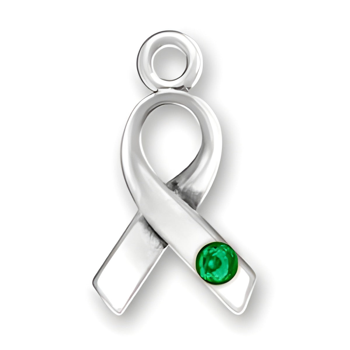 Sterling silver ribbon charm featuring a green crystal accent, symbolizing awareness and support.