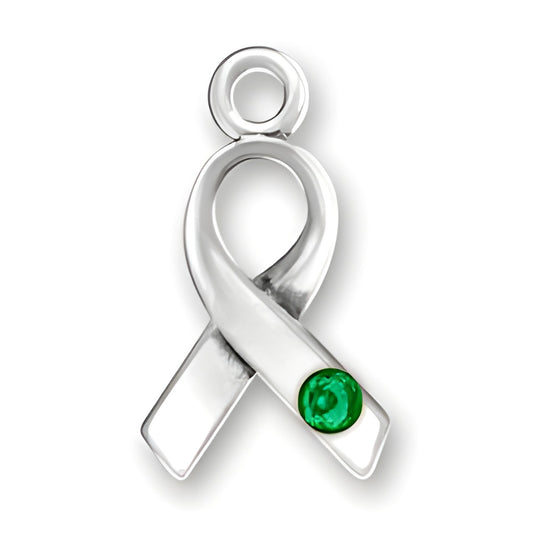 Sterling silver ribbon charm featuring a green crystal accent, symbolizing awareness and support.