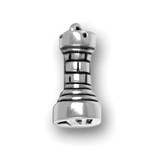 Charm Factory Rook Chess Piece Charm, made of polished metal, features detailed design resembling a chess rook.