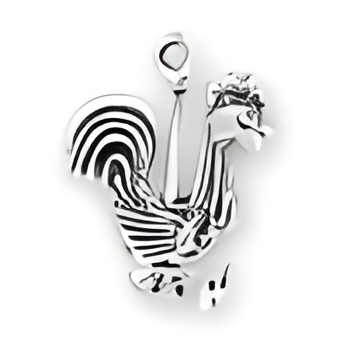 Sterling silver Rooster Charm featuring detailed feathers and a raised design, ideal for charm bracelets.