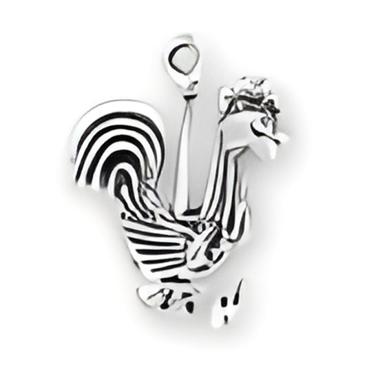 Sterling silver Rooster Charm featuring detailed feathers and a raised design, ideal for charm bracelets. Alt view.
