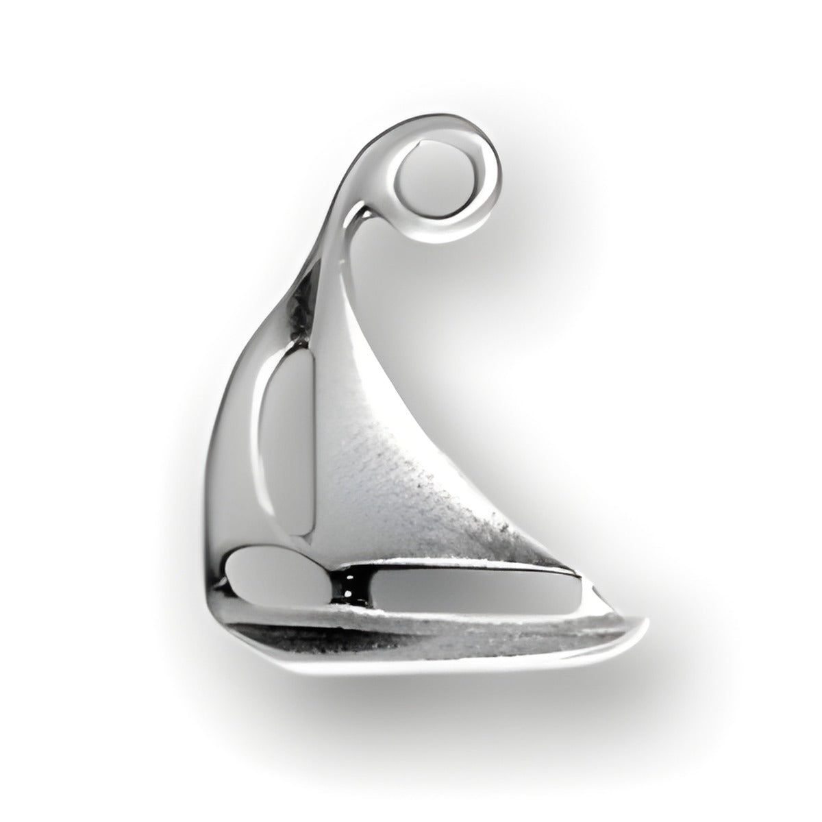Sailboat Charm made of sterling silver, featuring a sleek, curved design with a loop for attachment.