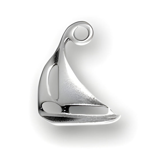 Sailboat Charm made of sterling silver, featuring a sleek, curved design with a loop for attachment.