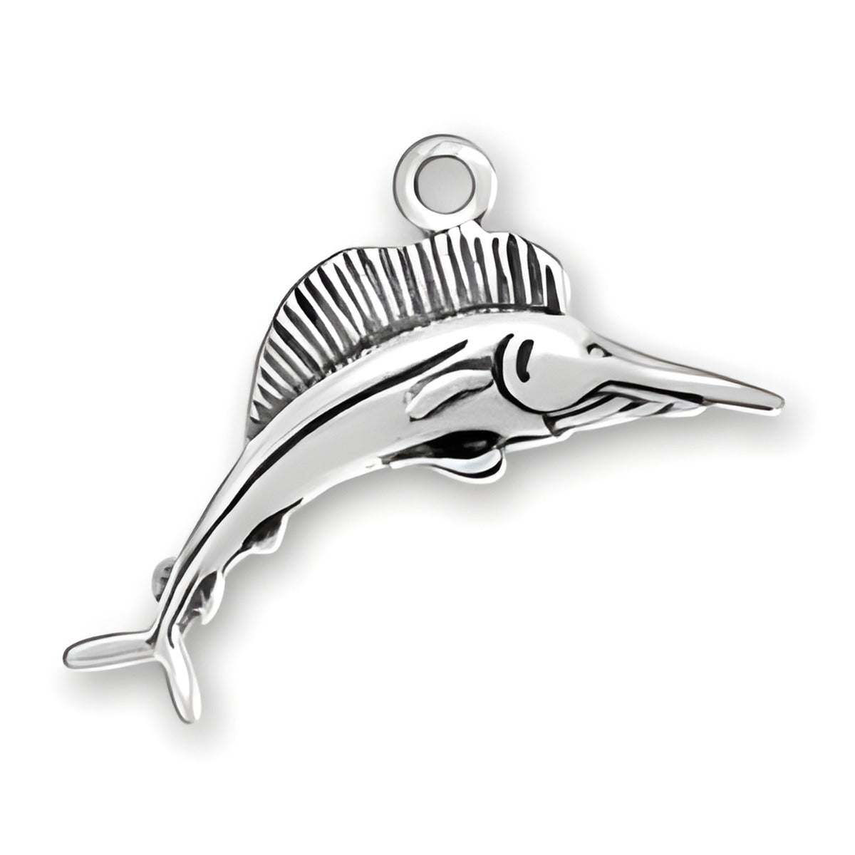 Charm Factory Sailfish Charm, crafted from sterling silver, featuring detailed design and a loop for attachment.