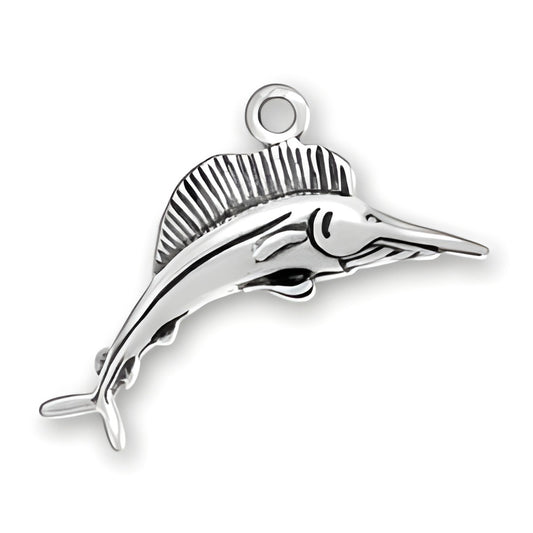 Charm Factory Sailfish Charm, crafted from sterling silver, featuring detailed design and a loop for attachment.
