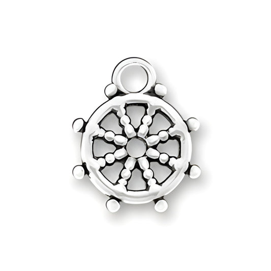 Sailing Wheel Charm made of sterling silver, featuring a detailed ship's wheel design with spokes and a central opening.
