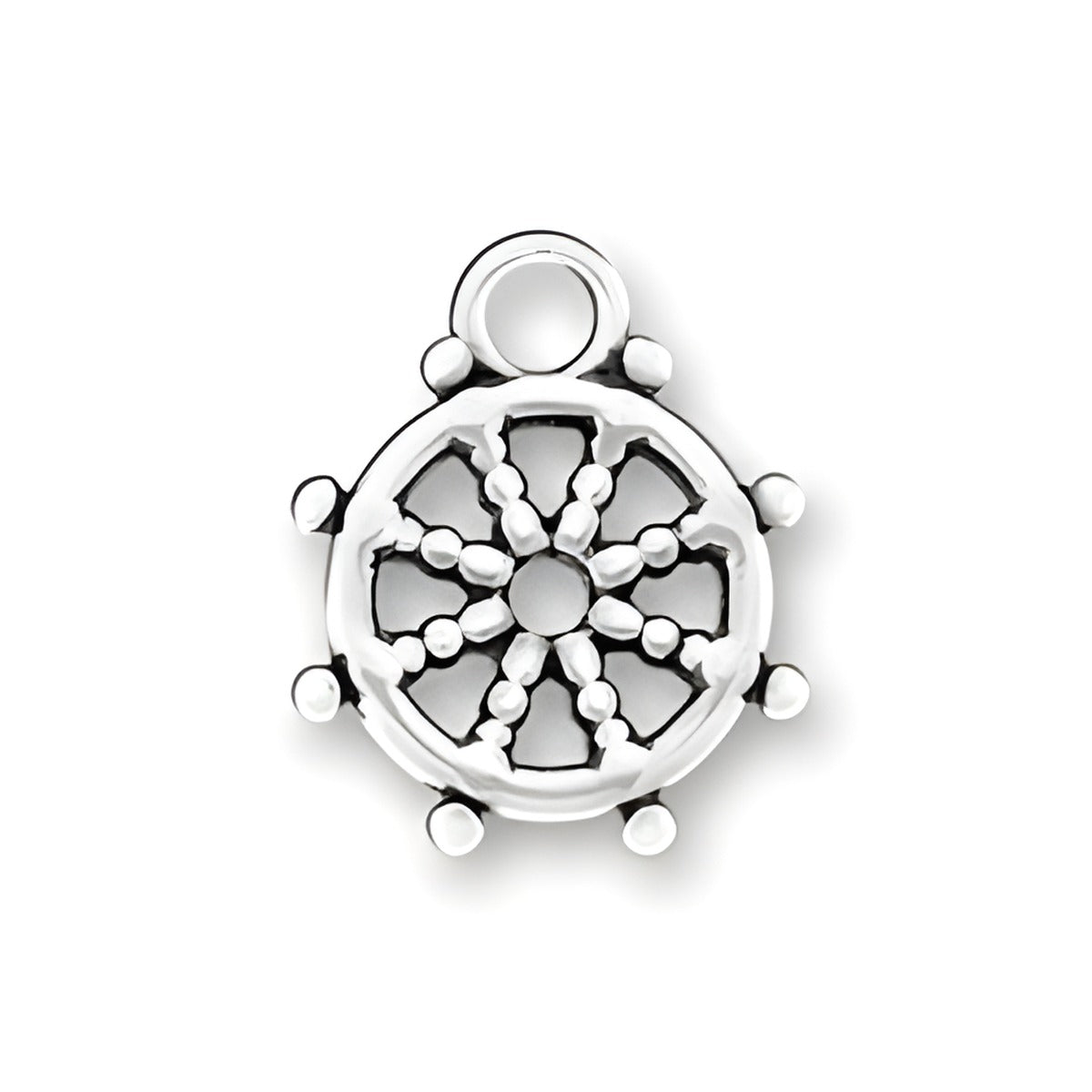 Sailing Wheel Charm made of sterling silver, featuring a detailed ship's wheel design with spokes and a central opening.