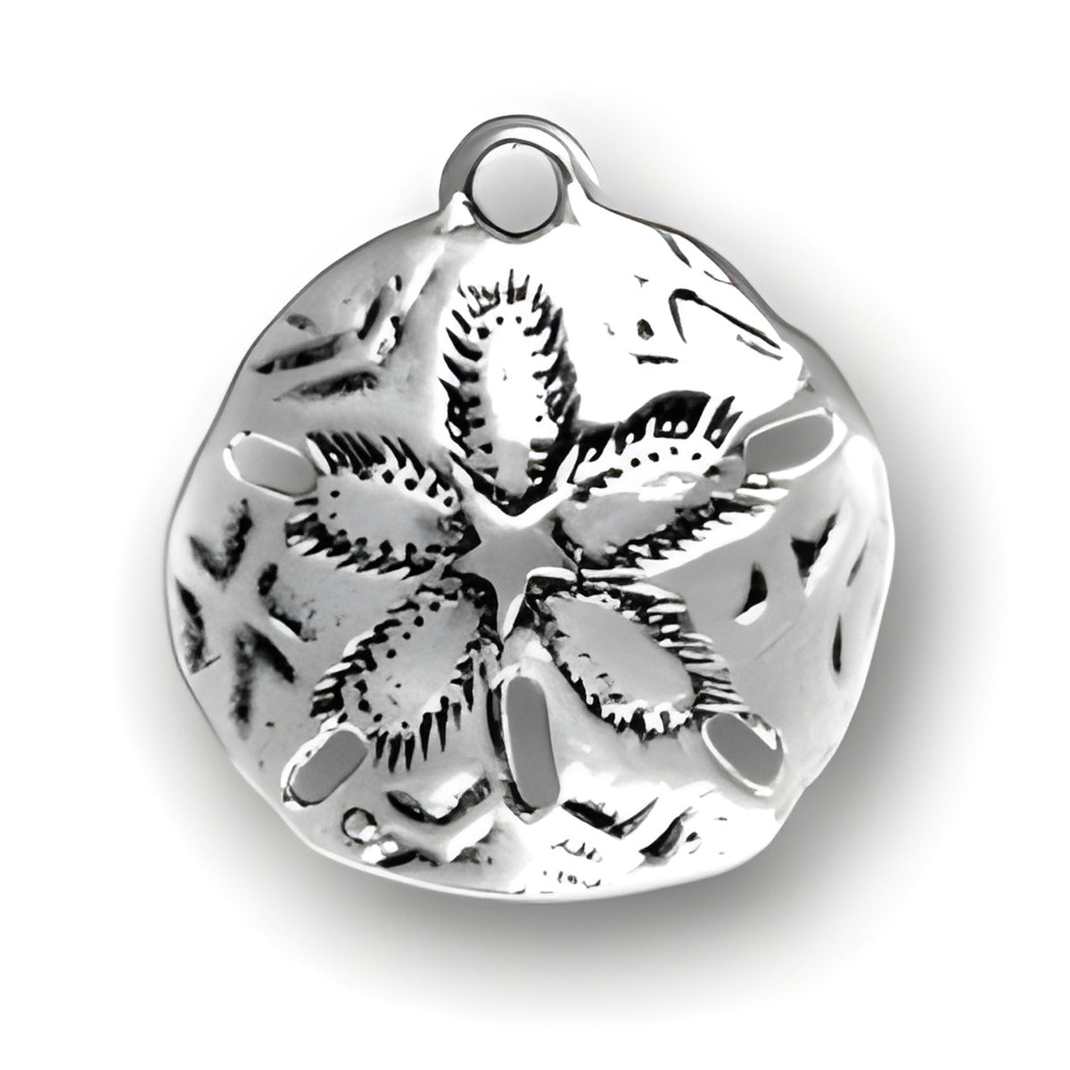 Charm Factory Sand Dollar Charm made of polished silver, featuring intricate designs and natural textures.