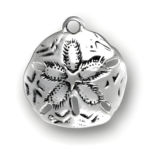 Charm Factory Sand Dollar Charm made of polished silver, featuring intricate designs and natural textures.