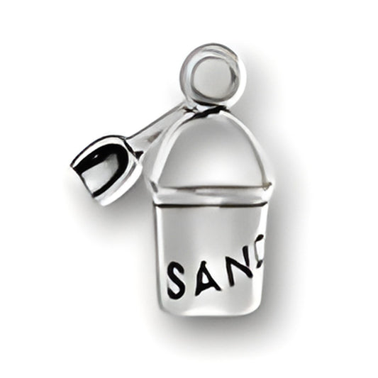 Sand Pail and Shovel Charm made of sterling silver, featuring a pail with 'SAND' engraved and a shovel attached.