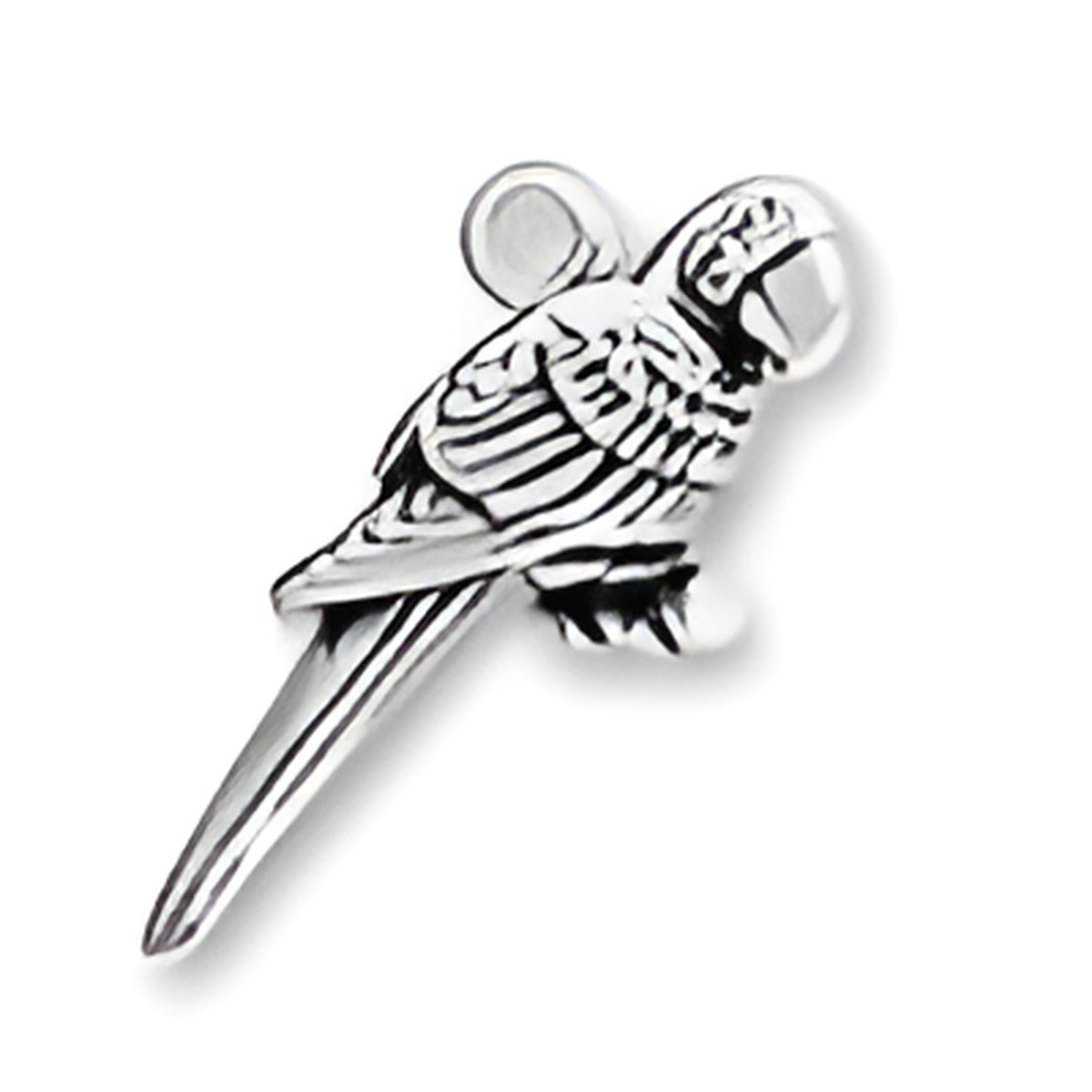 Scarlet Macaw Charm made of sterling silver, featuring detailed engraving and a loop for attachment.