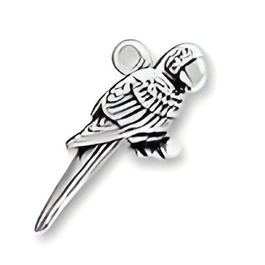 Scarlet Macaw Charm made of sterling silver, featuring detailed engraving and a loop for attachment. Alt view.
