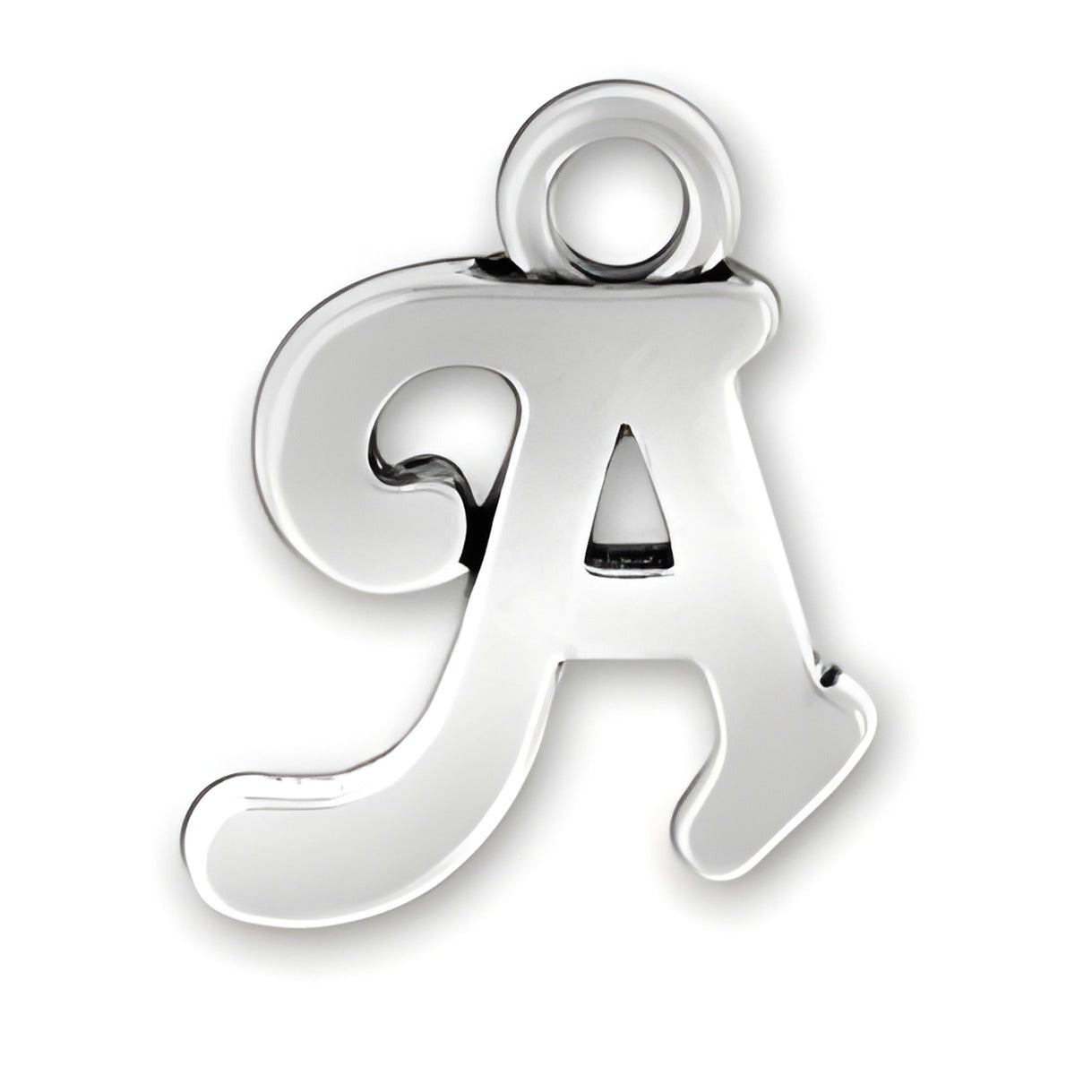 Charm Factory Script Letter A Charm, crafted from polished silver, featuring a stylish cursive design.