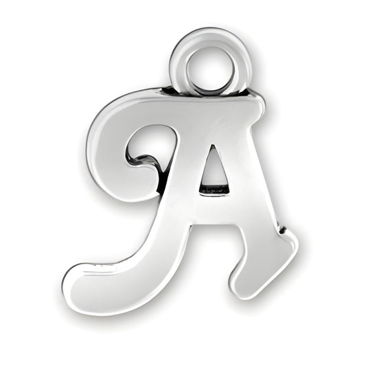 Charm Factory Script Letter A Charm, crafted from polished silver, featuring a stylish cursive design.