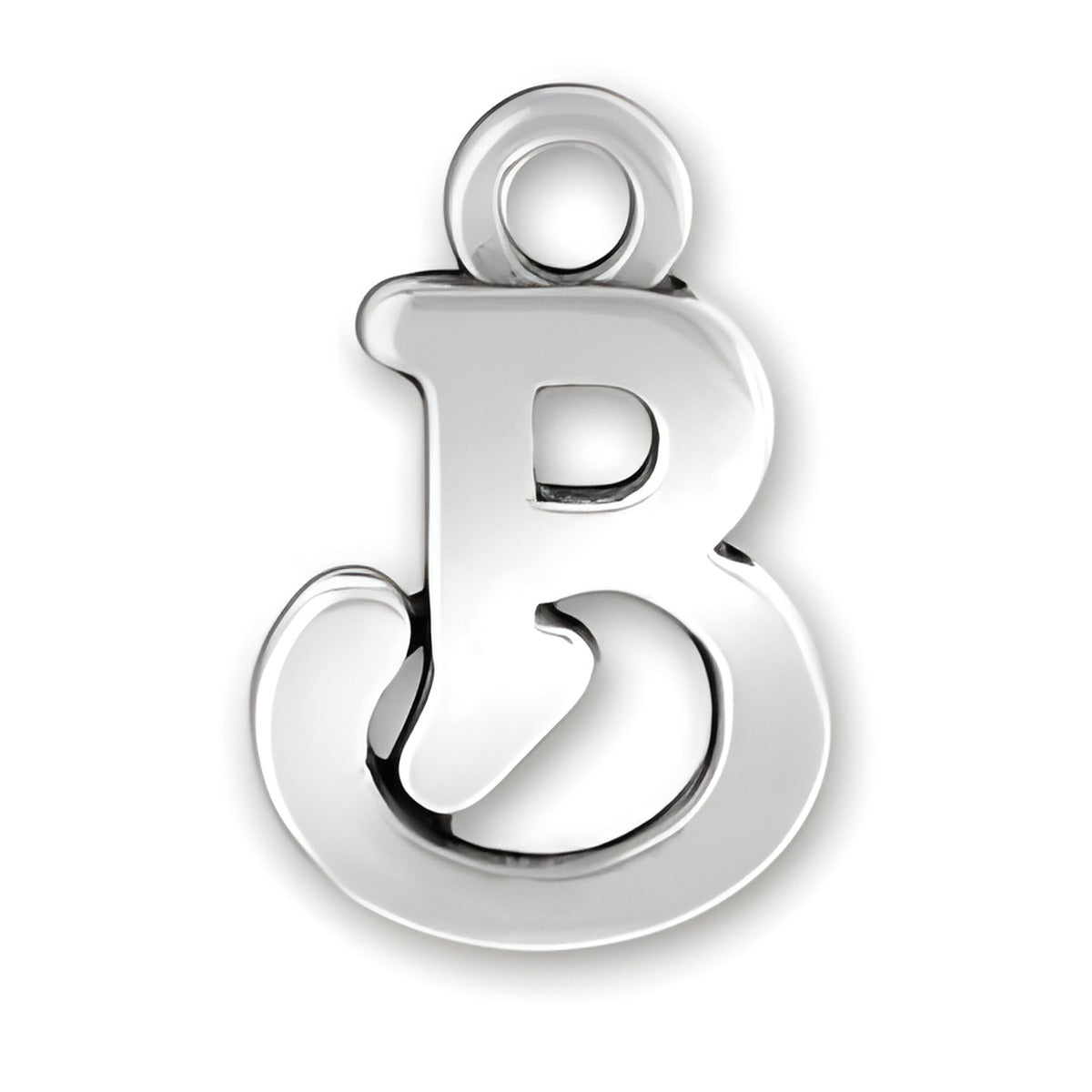 Charm Factory Script Letter B Charm made of polished silver, featuring a stylish, flowing design of the letter B.