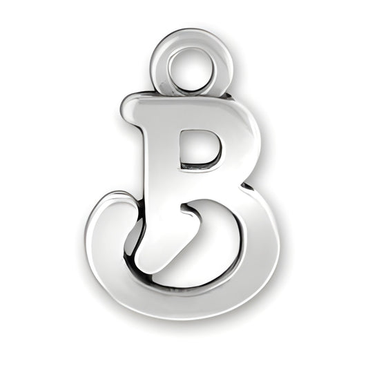 Charm Factory Script Letter B Charm made of polished silver, featuring a stylish, flowing design of the letter B.