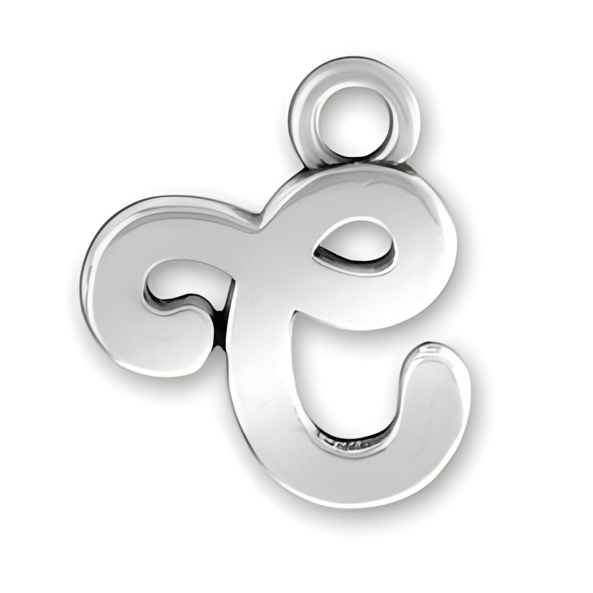 Charm Factory Script Letter C Charm, crafted from polished sterling silver, features a stylish, cursive design.