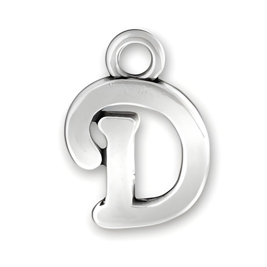 Charm Factory Script Letter D Charm, crafted from polished silver, featuring a stylish, modern design.