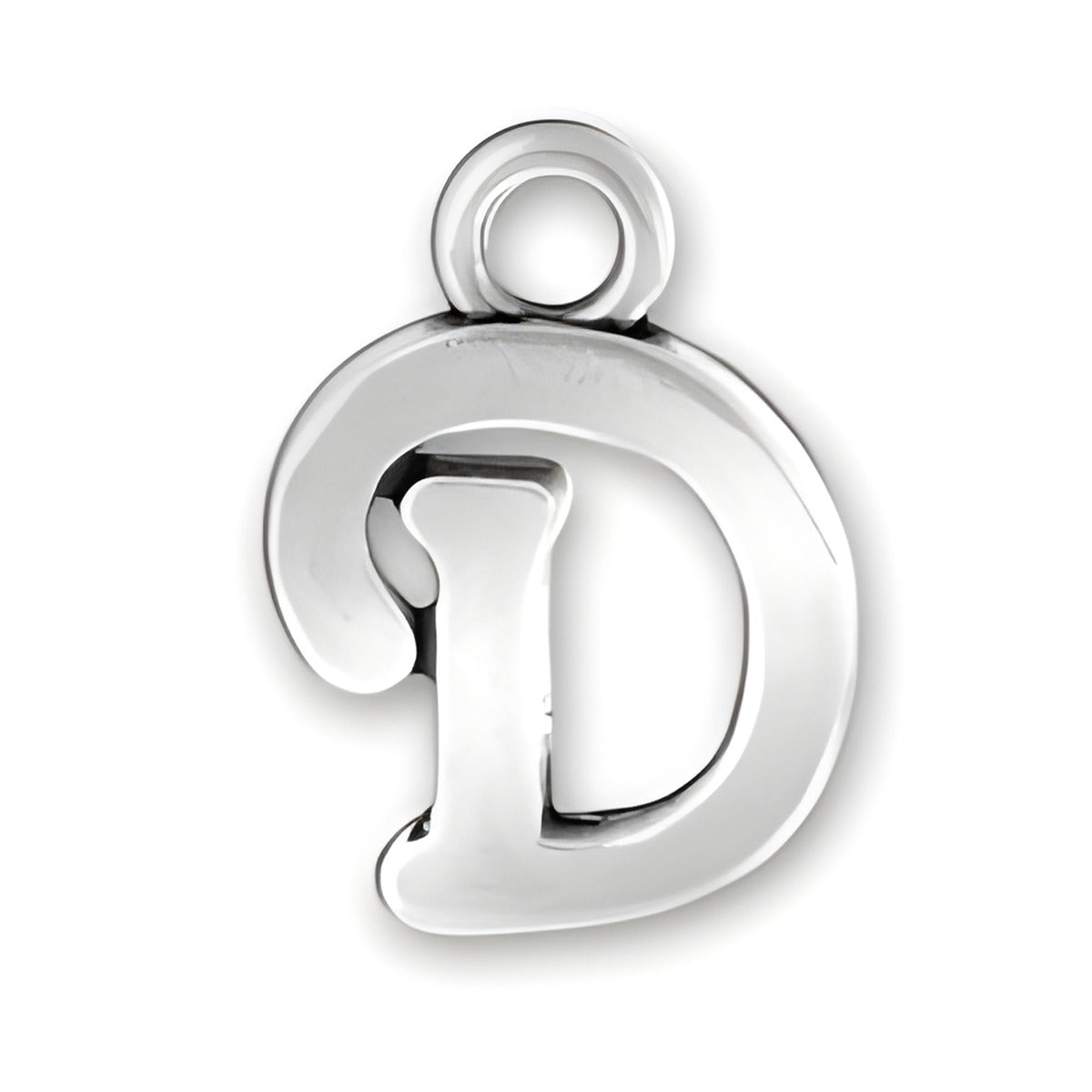 Charm Factory Script Letter D Charm, crafted from polished silver, featuring a stylish, modern design.
