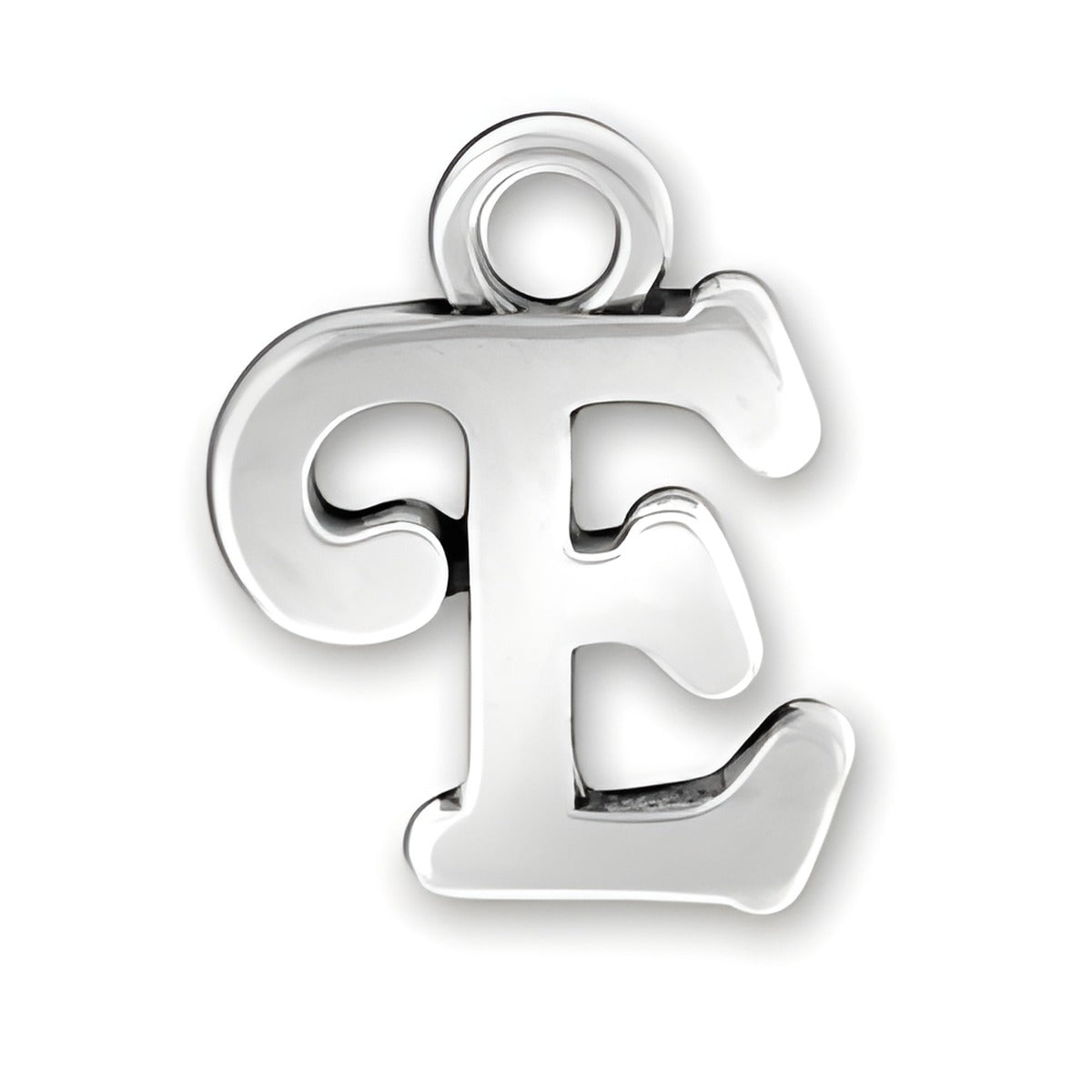 Charm Factory Script Letter E Charm made of polished silver, featuring a stylish, cursive design.