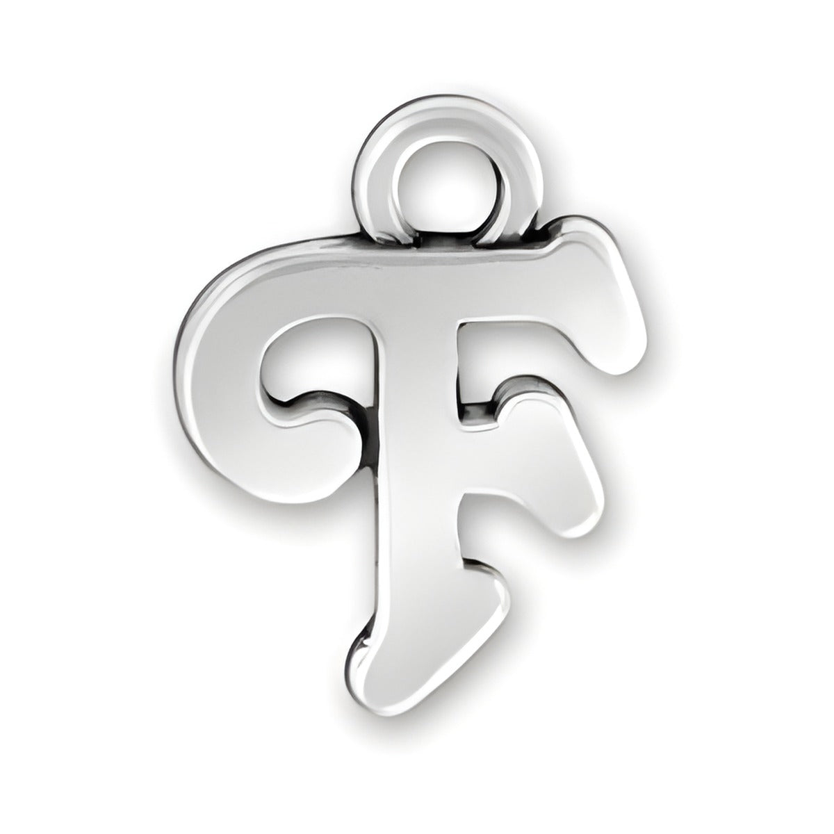 Charm Factory Script Letter F Charm made of polished silver, featuring a stylish and elegant design.