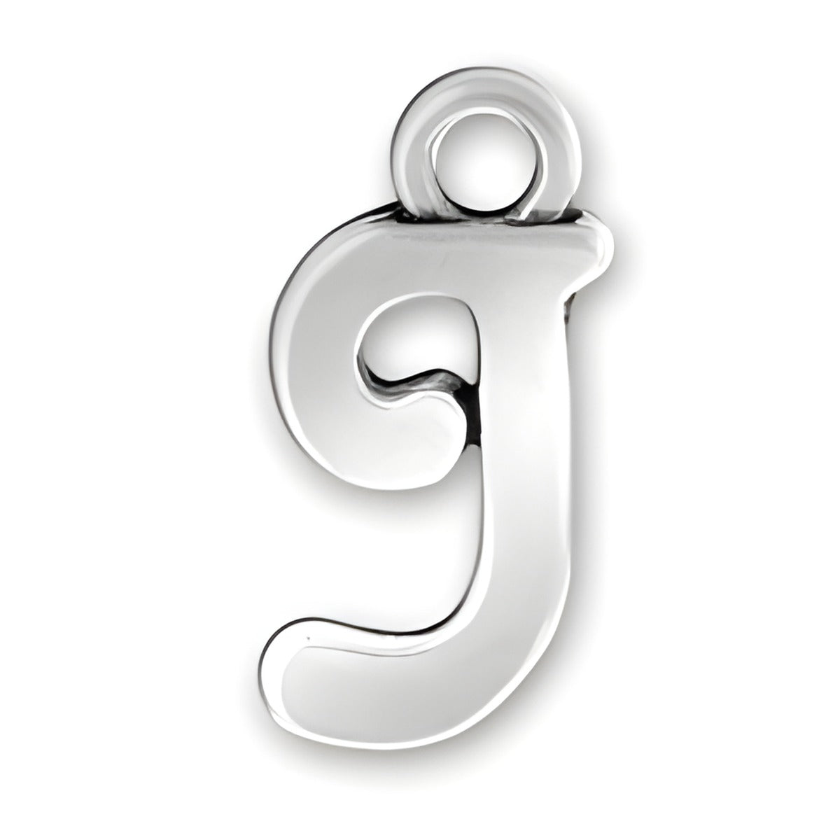 Charm Factory Script Letter J Charm, crafted from polished silver, featuring a stylish cursive design.