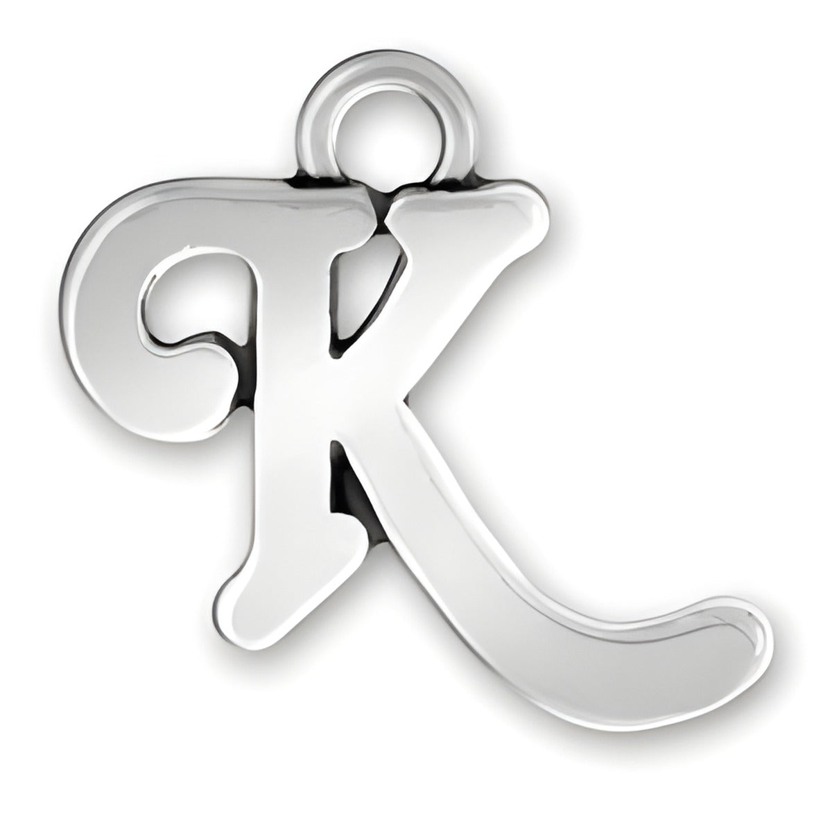 Charm Factory Script Letter K Charm, crafted from polished silver, featuring a stylish cursive design.